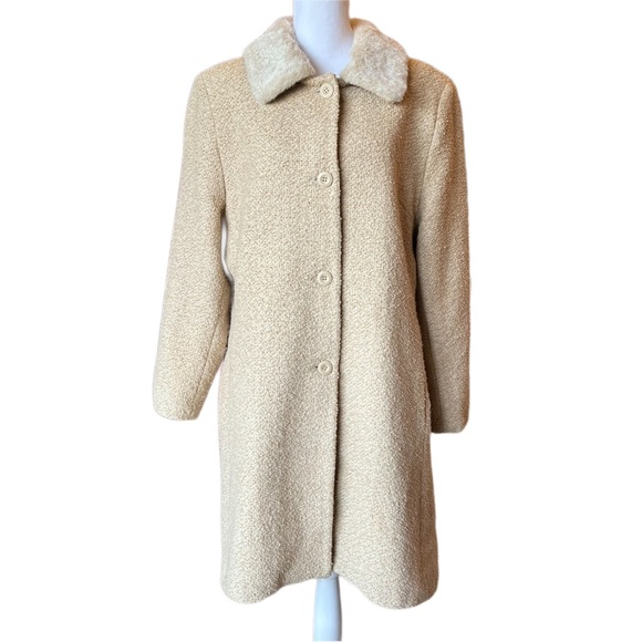 Sandro Vintage Tweed Wool Coat Faux Fur Neck Tan Size 14 - Picture 1 of 15
